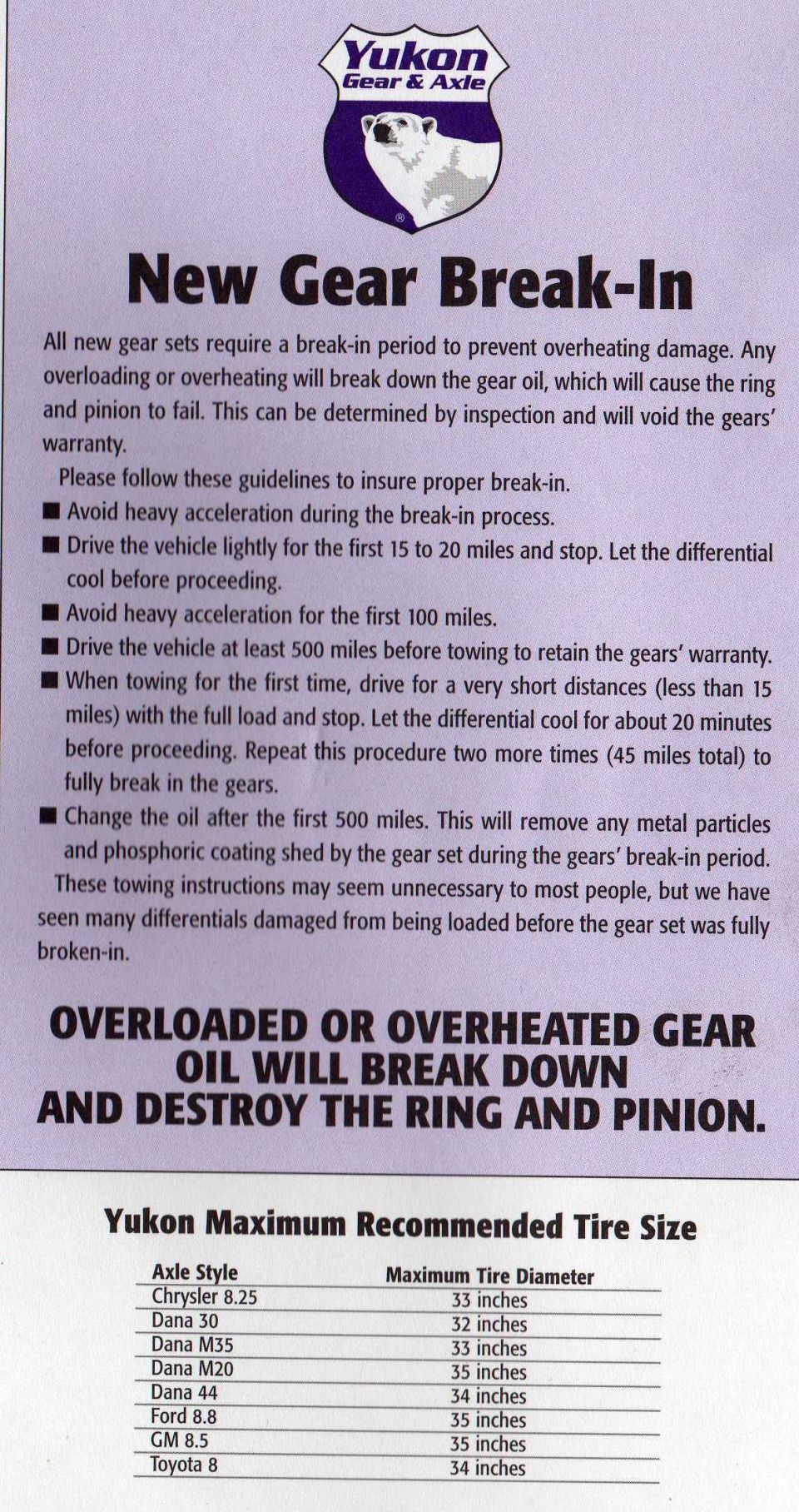 Yukon Gear & Axle new gear break-in instructions with maximum recommended tire size chart