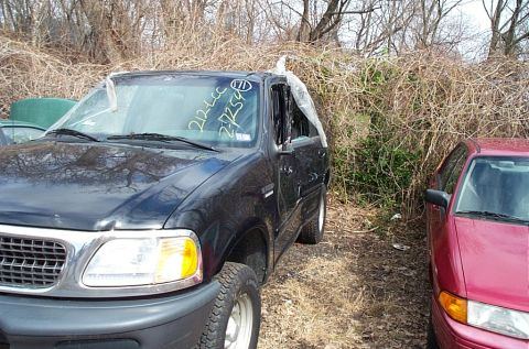 2001 Ford Crown Victoria - A black Ford Expedition is parked outdoors next to a red car, with visible writing on its windshield.