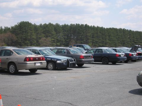 2001 Ford Crown Victoria - A line of police vehicles, including a Ford Crown Victoria, are parked outdoors under a cloudy sky.
