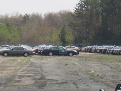 2001 Ford Crown Victoria - A fleet of police vehicles are parked in an outdoor lot, with trees in the background.