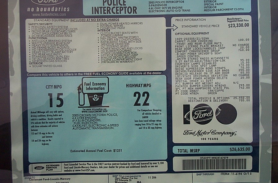 Ford Monroney window sticker for a 2003 Crown Victoria Police Interceptor