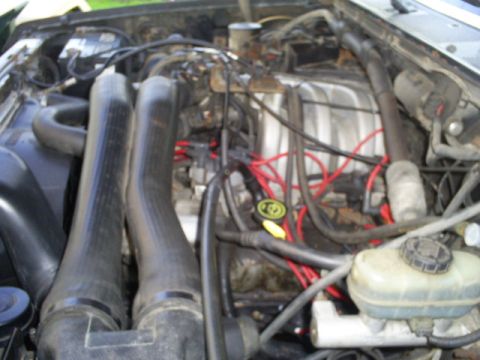 Engine bay of a 1990 Ford Bronco, showing intake, wires, and brake fluid reservoir.