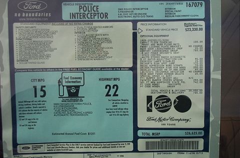 2001 Ford Crown Victoria - Factory window sticker (Monroney label) with equipment list, fuel economy, and pricing for a Crown Victoria Police Interceptor.