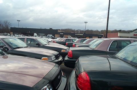 2001 Ford Crown Victoria - Low-angle view down the aisles of a lot filled with two-tone green-and-tan Ford Crown Victoria sedans, showing alternating hoods and trunk…