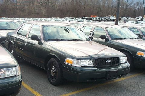 2001 Ford Crown Victoria - Dark green Ford Crown Victoria with Ford grille badge parked among rows of similar sedans in a fleet lot, bare trees behind.