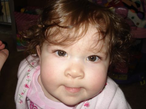 2000 Ford Crown Victoria - Close-up of a young child's face with brown curly hair and brown eyes. The child is wearing a pink sweater with embroidered flowers.