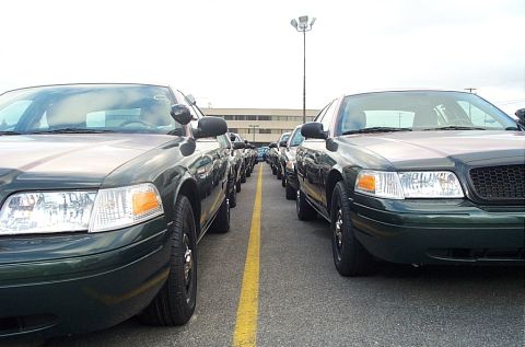 2001 Ford Crown Victoria - A line of dark green Ford Crown Victoria police cars are parked in a lot under a bright sky.