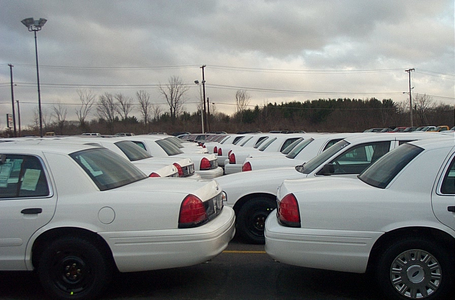 Fleet of white 2001 Ford Crown Victoria sedans parked in lot