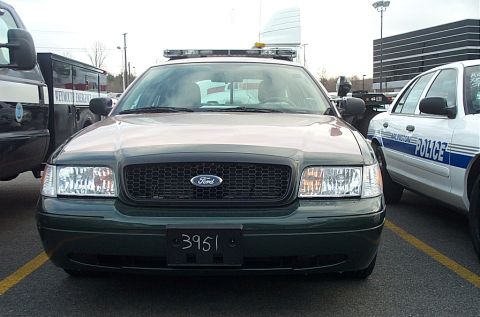 2001 Ford Crown Victoria - A dark green Ford Crown Victoria police car is parked next to a white police car. The license plate reads 3951.