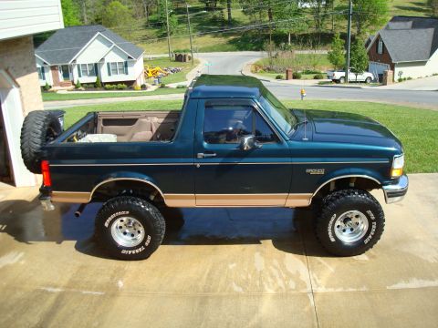1995 Ford Bronco - This 1995 Ford Bronco features a two-tone paint scheme with tan lower body trim and a rear-mounted spare tire.