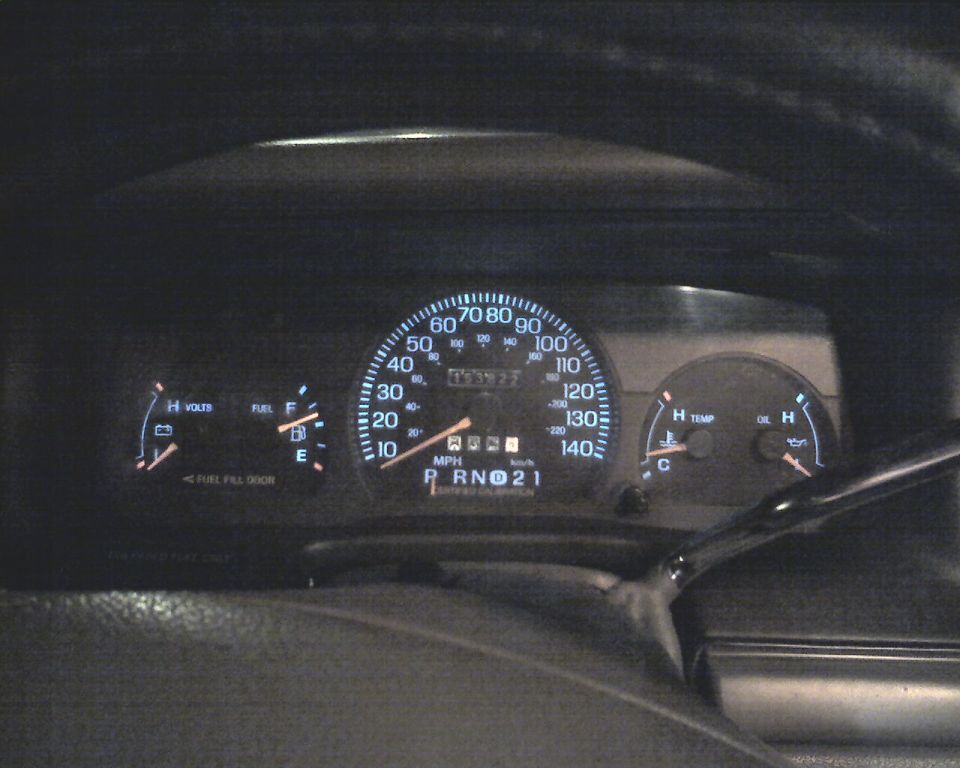 1996 Ford Crown Victoria dashboard with speedometer, fuel gauge, voltage meter, and temperature gauge