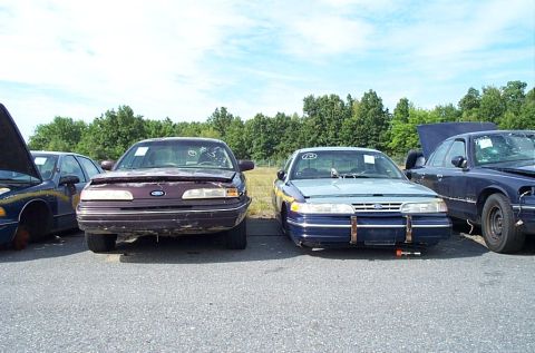 2001 Ford Crown Victoria - Three Ford Crown Victorias are parked in a lot under a cloudy sky.