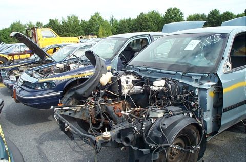 2001 Ford Crown Victoria - Two wrecked police cars sit in a junkyard, both with their hoods open and engines exposed.