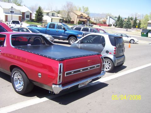 1972 Ford Ranchero - This 1972 Ford Ranchero is seen from the rear, a black tonneau cover over the bed.