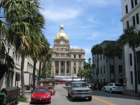 1985 Ford LTD Crown Victoria - A street in Savannah, Georgia, with palm trees lining the road and a prominent building with a golden dome in the background.