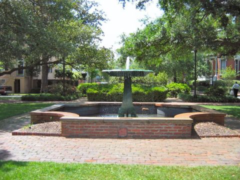 1985 Ford LTD Crown Victoria - A brick-lined fountain with a tiered top is the centerpiece of a park, surrounded by lush greenery and mature trees.