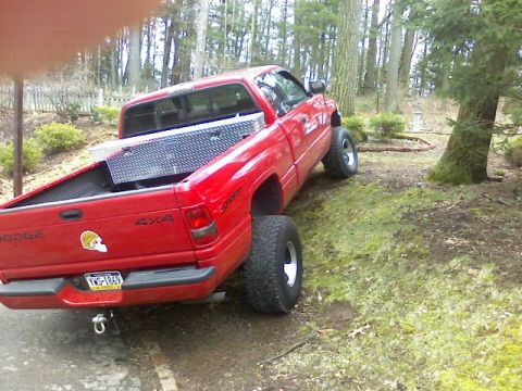 1997 Dodge 1500 - This red Dodge pickup truck is parked on a grassy area with trees in the background.