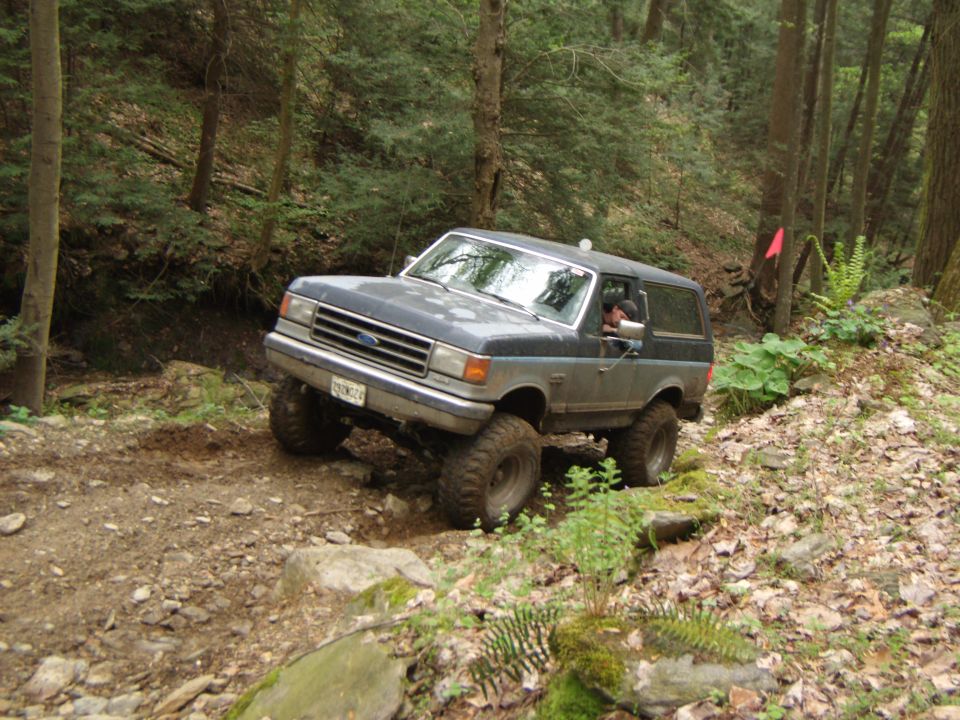 Ford Bronco driving on a rocky, wooded trail