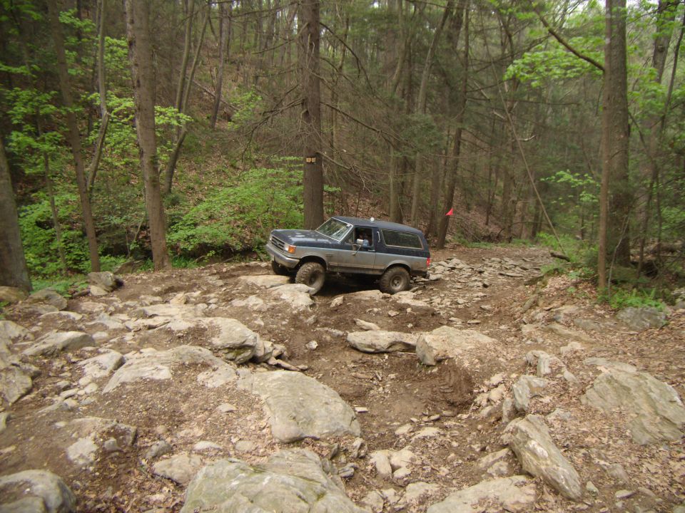 Ford Bronco navigating a boulder-strewn forest trail