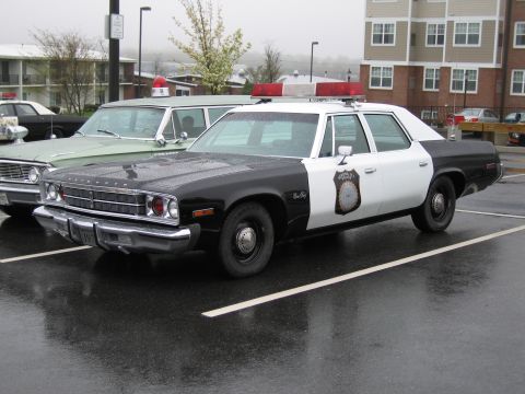 1991 Ford LTD Crown Victoria - black-and-white police sedan with a metal door shield parked on wet pavement next to a green sedan.