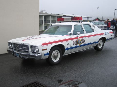 1991 Ford LTD Crown Victoria - white State Police sedan with red-white-blue stripes, a star shield, and the number 1776 parked on wet pavement.