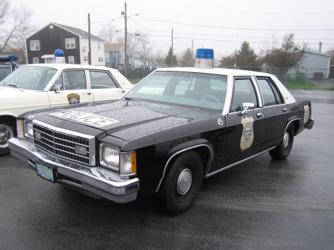 1991 Ford LTD Crown Victoria - black-and-white Ford LTD police sedan numbered 45 with 'POLICE' on the hood and door shield parked on a wet lot before houses.