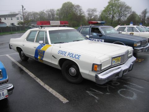 1991 Ford LTD Crown Victoria - white Dodge State Police four-door sedan with a blue-and-yellow door stripe and roof lightbar parked among cruisers on a wet lot.
