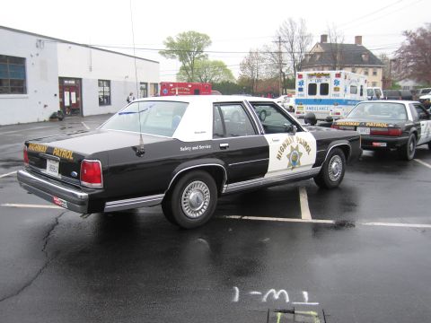1991 Ford LTD Crown Victoria - black-and-white Ford LTD Crown Victoria California Highway Patrol cruiser shown from the rear with a Mustang cruiser behind it.