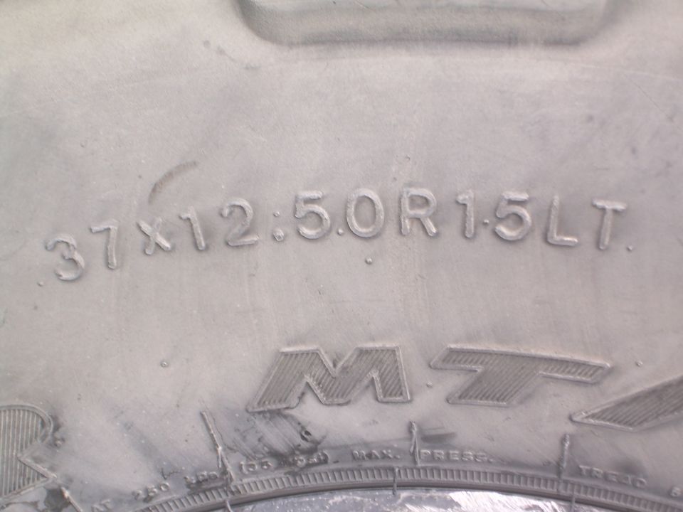 Tire sidewall with "37x12.50R15LT" and "MT" markings