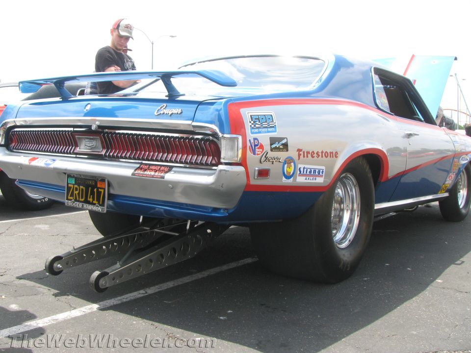 1968 Mercury Cougar drag car with racing slicks and spoiler. License plate ZRD 417
