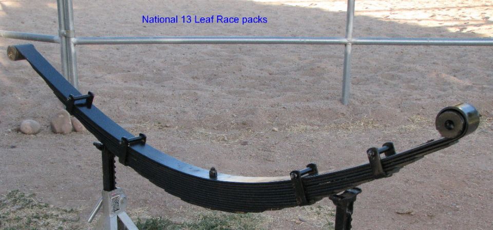 Black leaf spring on a stand, with text 'National 13 Leaf Race packs' above