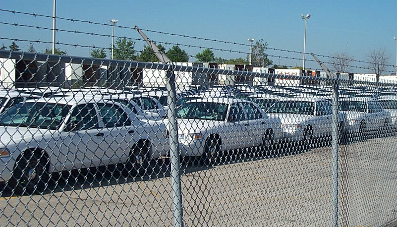 Fleet of white 2001 Ford Crown Victorias parked in a lot