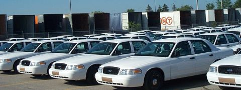 2001 Ford Crown Victoria - A large group of identical white sedans are parked in an outdoor lot.