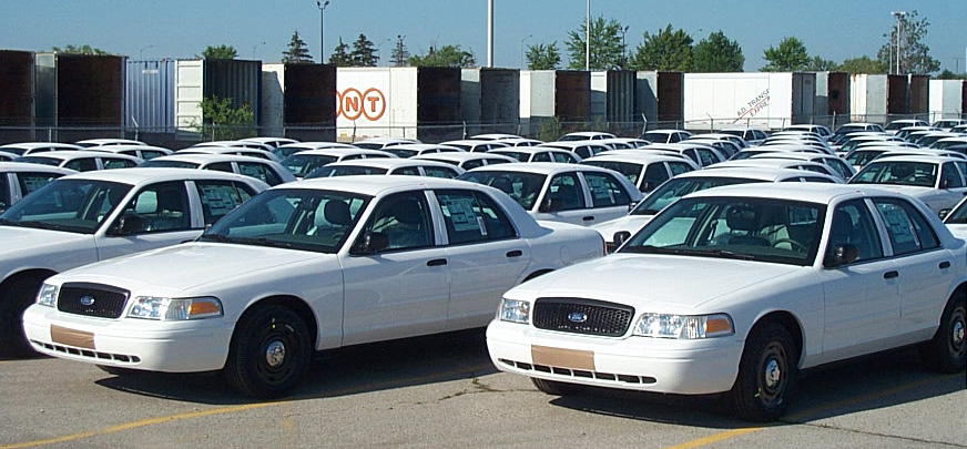 Rows of new white Ford Crown Victoria Police Interceptor sedans in a fleet storage lot