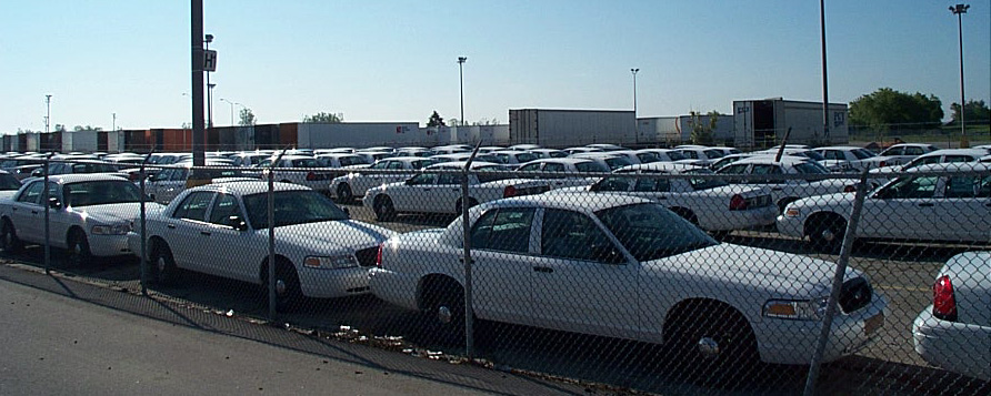 Rows of white sedans parked in a lot, some with police-style light bars