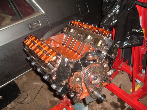 1981 Ford LTD - Both heads in place. Fel-Pro 9333pt1 head gaskets. Cylinder sealing is not an issue with iron headed 351ws. You can also see the Harland Sh…