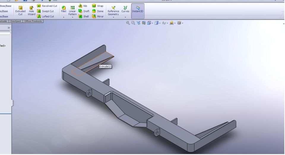 SolidWorks 3D CAD model of a bumper or frame crossmember part, no dimensions