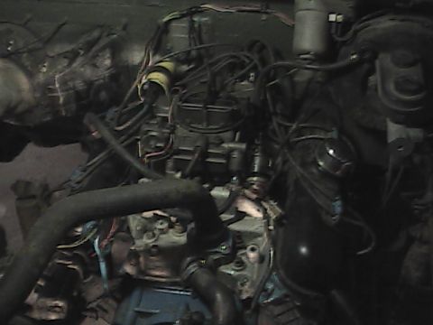 1980 Dodge Magnum - Close-up view of an engine bay, showing hoses, wiring, and engine components.