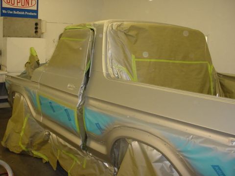 1979 Ford Bronco - This 1979 Ford Bronco is masked and prepped for a fresh coat of paint in a body shop.