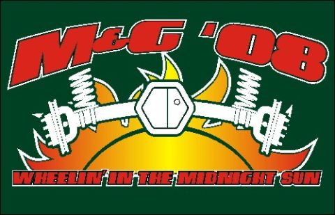 2000 Ford E350 - Graphic depicts "M&G '08" and "WHEELIN' IN THE MIDNIGHT SUN" with suspension components.