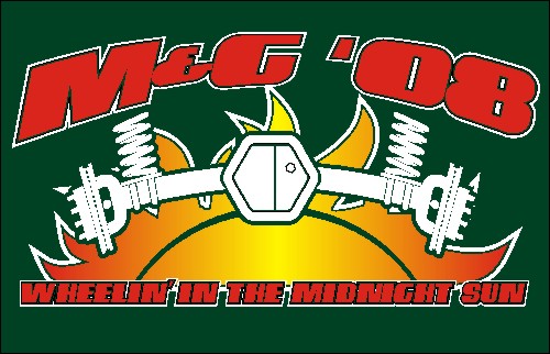 Graphic with red text "M&G '08" and "WHEELIN' IN THE MIDNIGHT SUN" over a sunburst and suspension parts