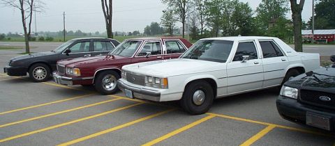 2001 Ford Crown Victoria - Several sedans are parked in a lot, including a white Ford Crown Victoria from the 1980s.