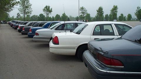 2001 Ford Crown Victoria - A line of police cruisers are parked in a lot under an overcast sky.