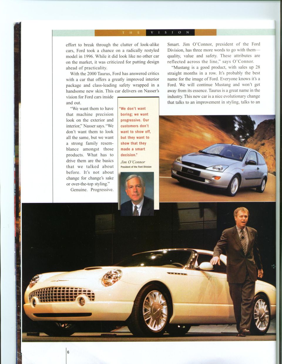 Magazine page with a silver Ford Focus and a Thunderbird concept car