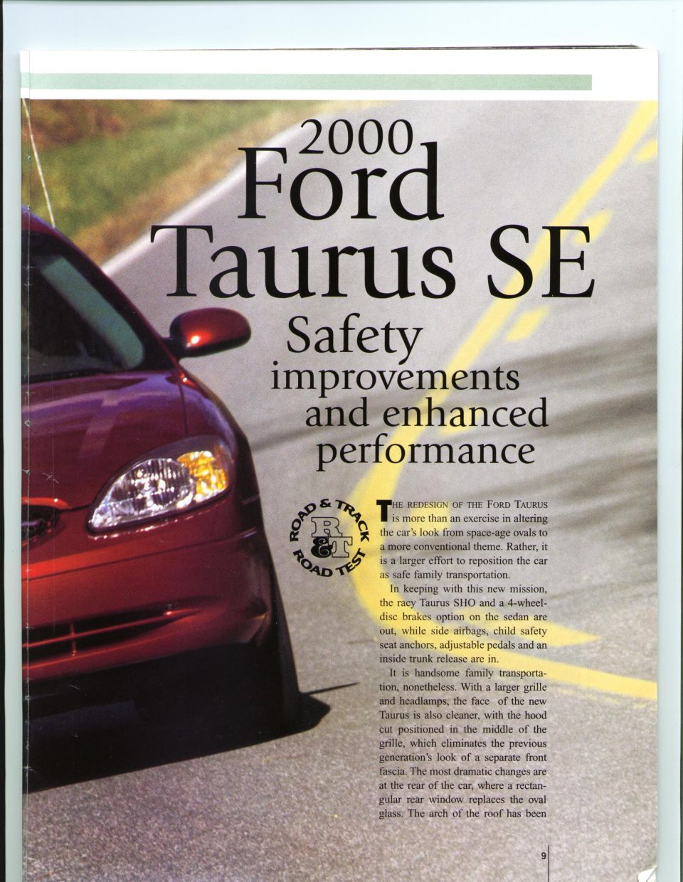 Magazine page headlined '2000 Ford Taurus SE' with a red sedan on a road