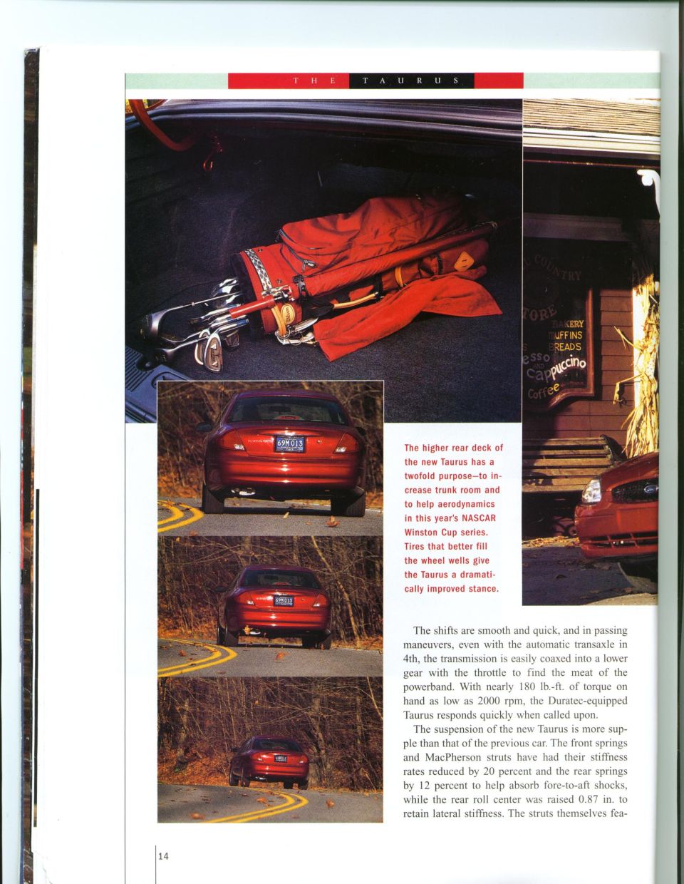 Brochure page showing an open trunk and rear views of a red sedan