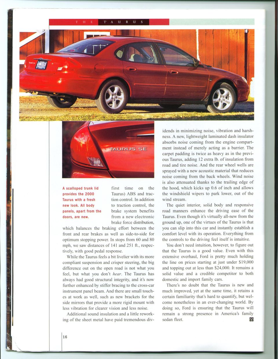 Brochure page with rear three-quarter views of a red Taurus SE sedan