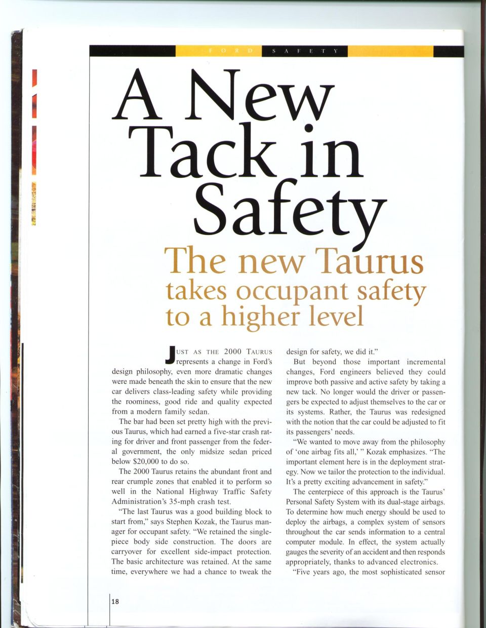Magazine page headlined 'A New Tack in Safety' about the new Taurus