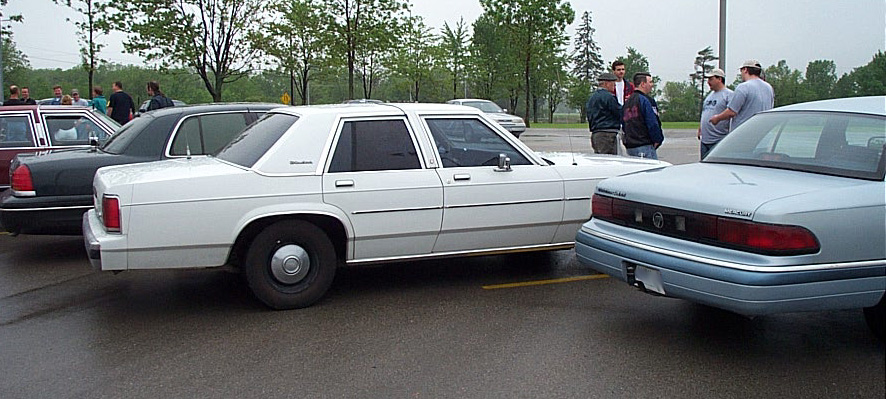 White sedan parked next to a black car and a light blue car. People stand in the background