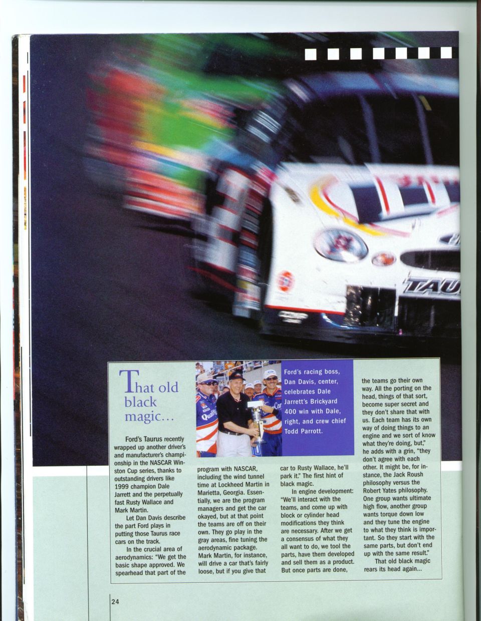Racing article page with a blurred NASCAR car and a victory trophy photo